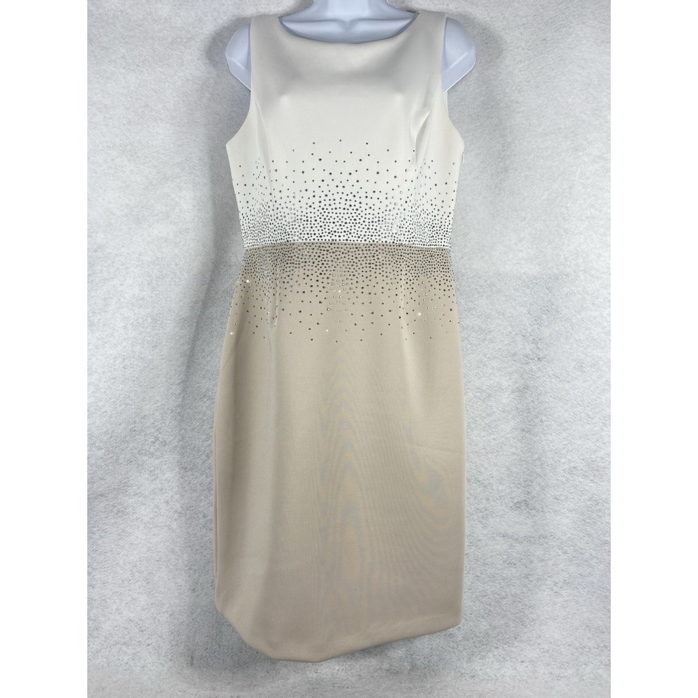 Calvin Klein Dress Women's 10 White Tan Sheath Sleeveless Scuba Studded
